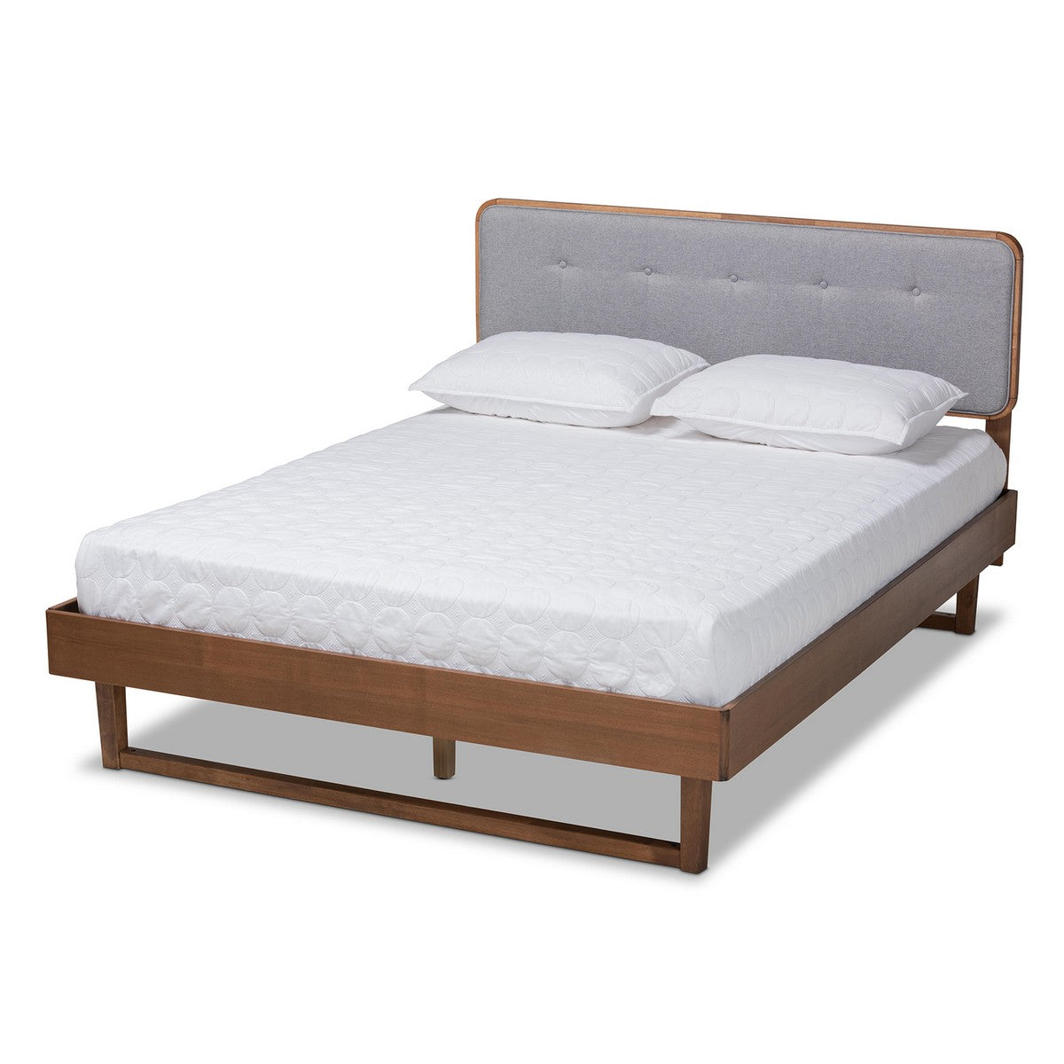 Baxton Studio Natalia Mid-Century Modern Light Grey Fabric Upholstered and Ash Walnut Finished Wood Full Size Platform Bed Baxton Studio-beds-Minimal And Modern - 1