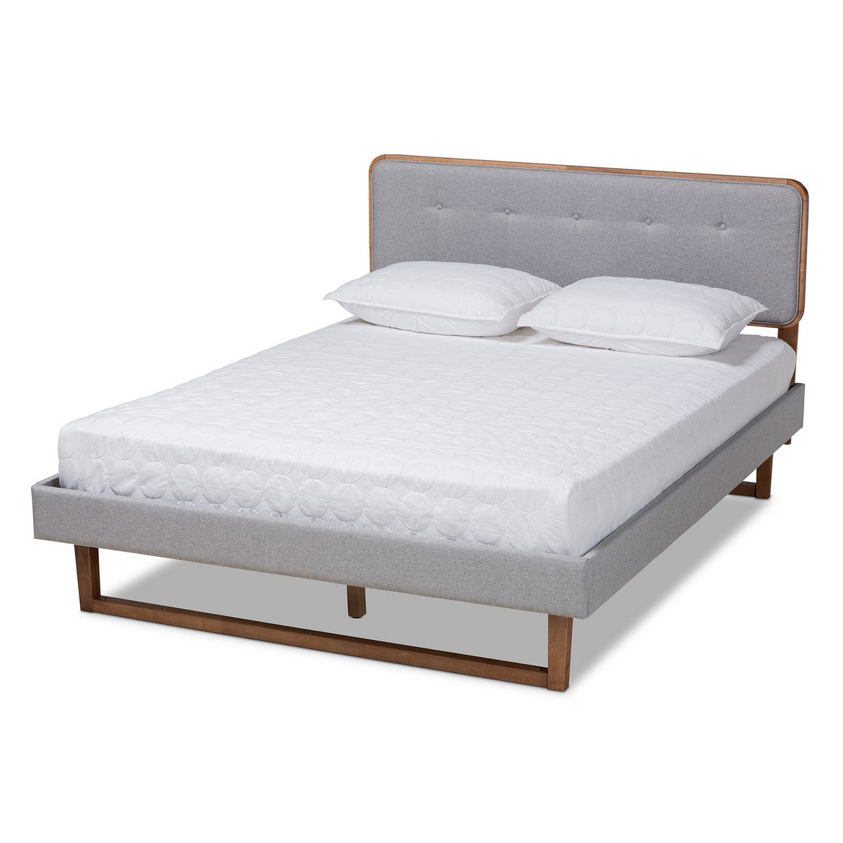 Baxton Studio Sofia Mid-Century Modern Light Grey Fabric Upholstered and Ash Walnut Finished Wood Full Size Platform Bed Baxton Studio-beds-Minimal And Modern - 1