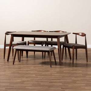 Baxton Studio Aeron Mid-Century Modern Light Gray Fabric Upholstered Walnut Finished Wood 6-Piece Dining Set