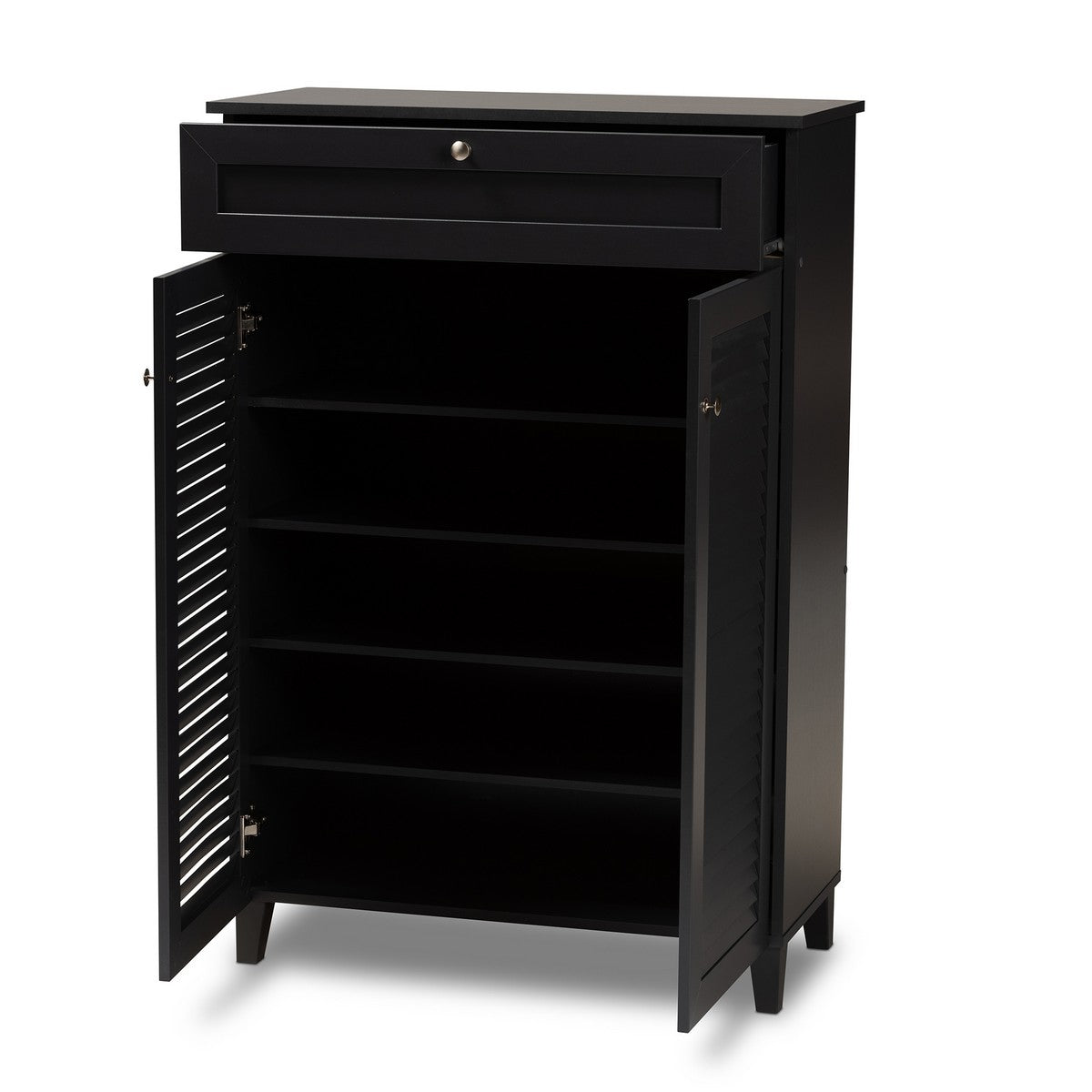 Baxton Studio Coolidge Modern and Contemporary Dark Grey Finished 5-Shelf Wood Shoe Storage Cabinet with Drawer Baxton Studio-Shoe Cabinets-Minimal And Modern - 1