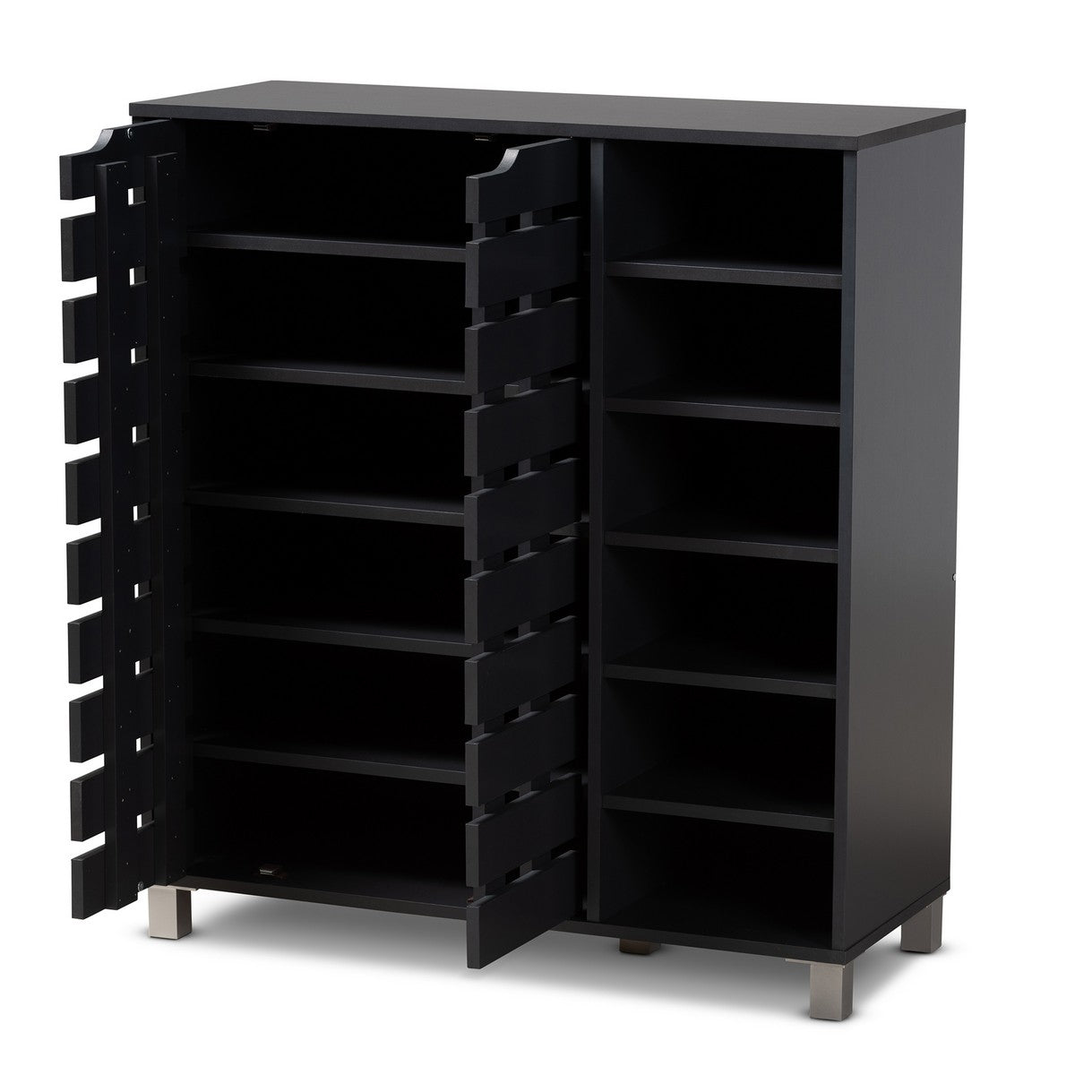 Baxton Studio Shirley Modern and Contemporary Dark Grey Finished 2-Door Wood Shoe Storage Cabinet with Open Shelves Baxton Studio-Shoe Cabinets-Minimal And Modern - 1