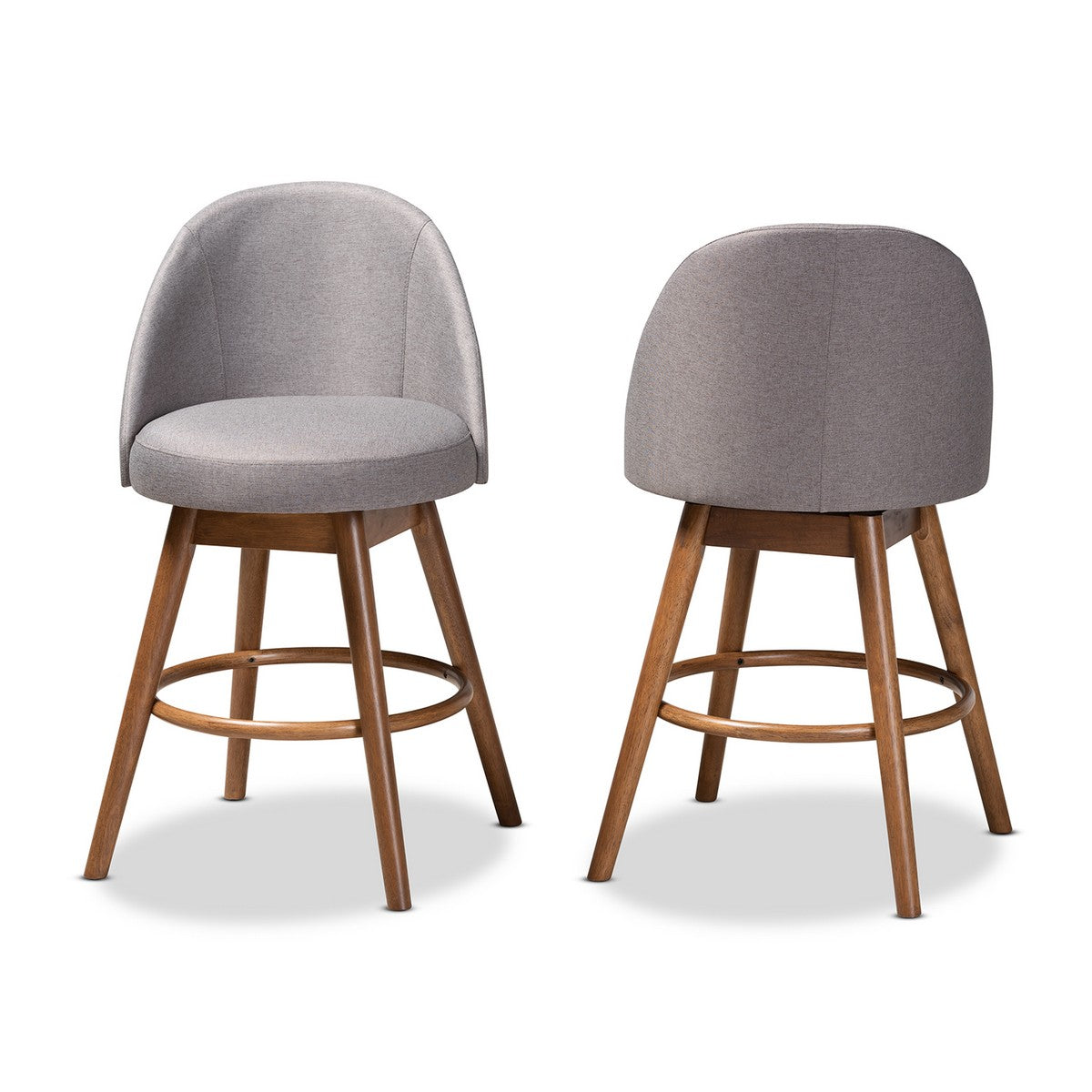 Baxton Studio Carra Mid-Century Modern Grey Fabric Upholstered Walnut-Finished Wood Swivel Counter Stool Set of 2 Baxton Studio-Counter Stools-Minimal And Modern - 1