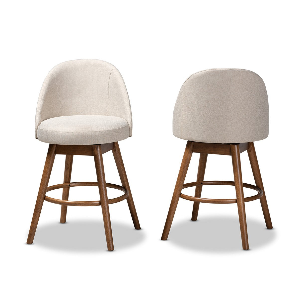 Baxton Studio Carra Mid-Century Modern Light Beige Fabric Upholstered Walnut-Finished Wood Swivel Counter Stool Set of 2 Baxton Studio-Counter Stools-Minimal And Modern - 1