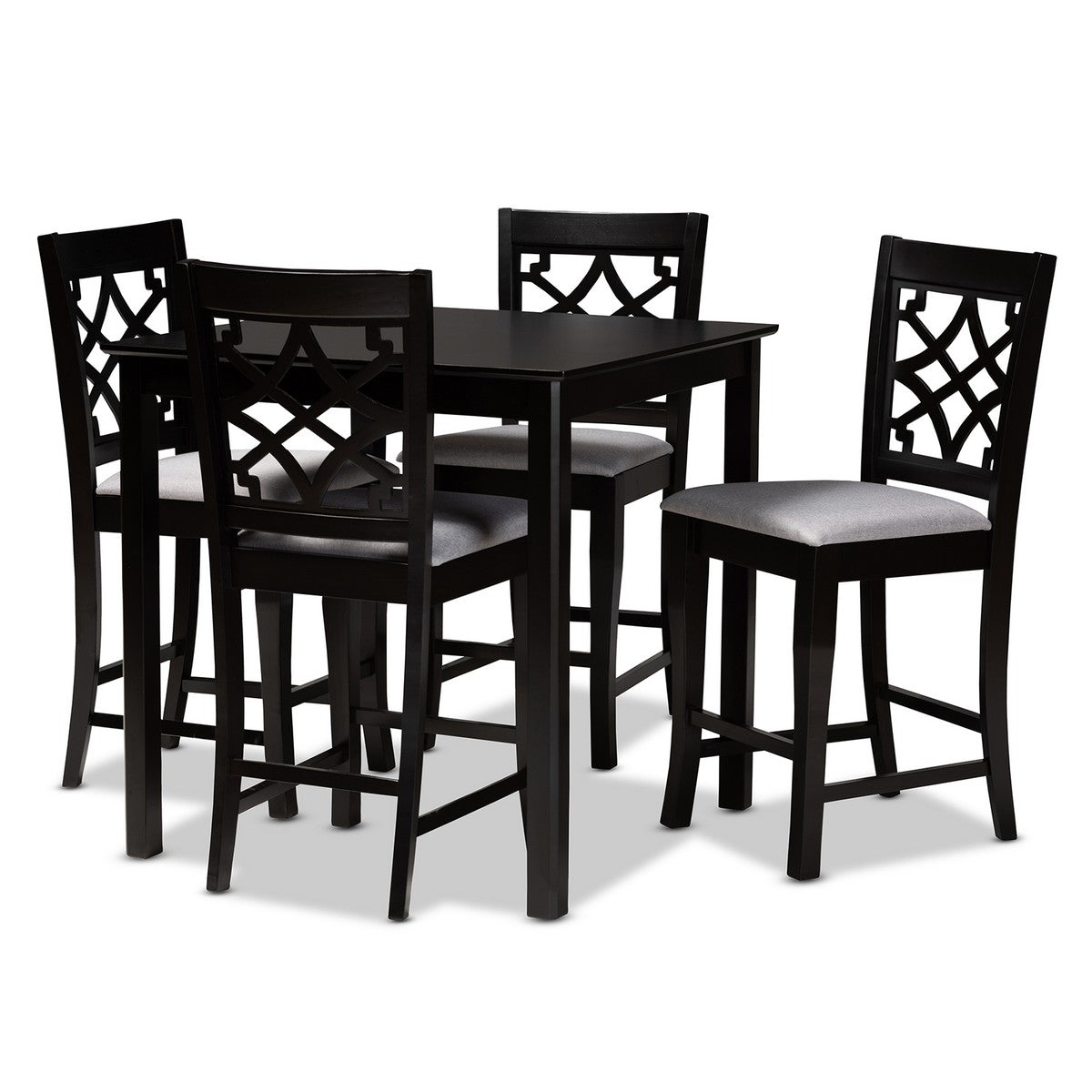 Baxton Studio Nisa Modern and Contemporary Grey Fabric Upholstered Espresso Brown Finished 5-Piece Wood Pub Set Baxton Studio-Pub Sets-Minimal And Modern - 1