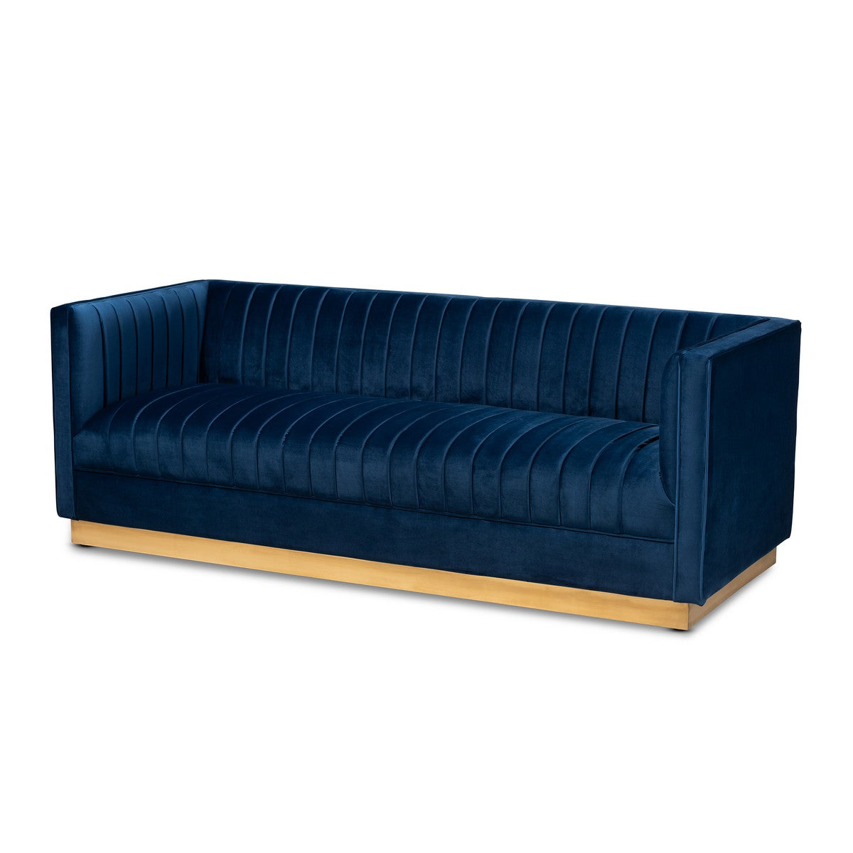 Baxton Studio Aveline Glam and Luxe Navy Blue Velvet Fabric Upholstered Brushed Gold Finished Sofa Baxton Studio- Sofas-Minimal And Modern - 1