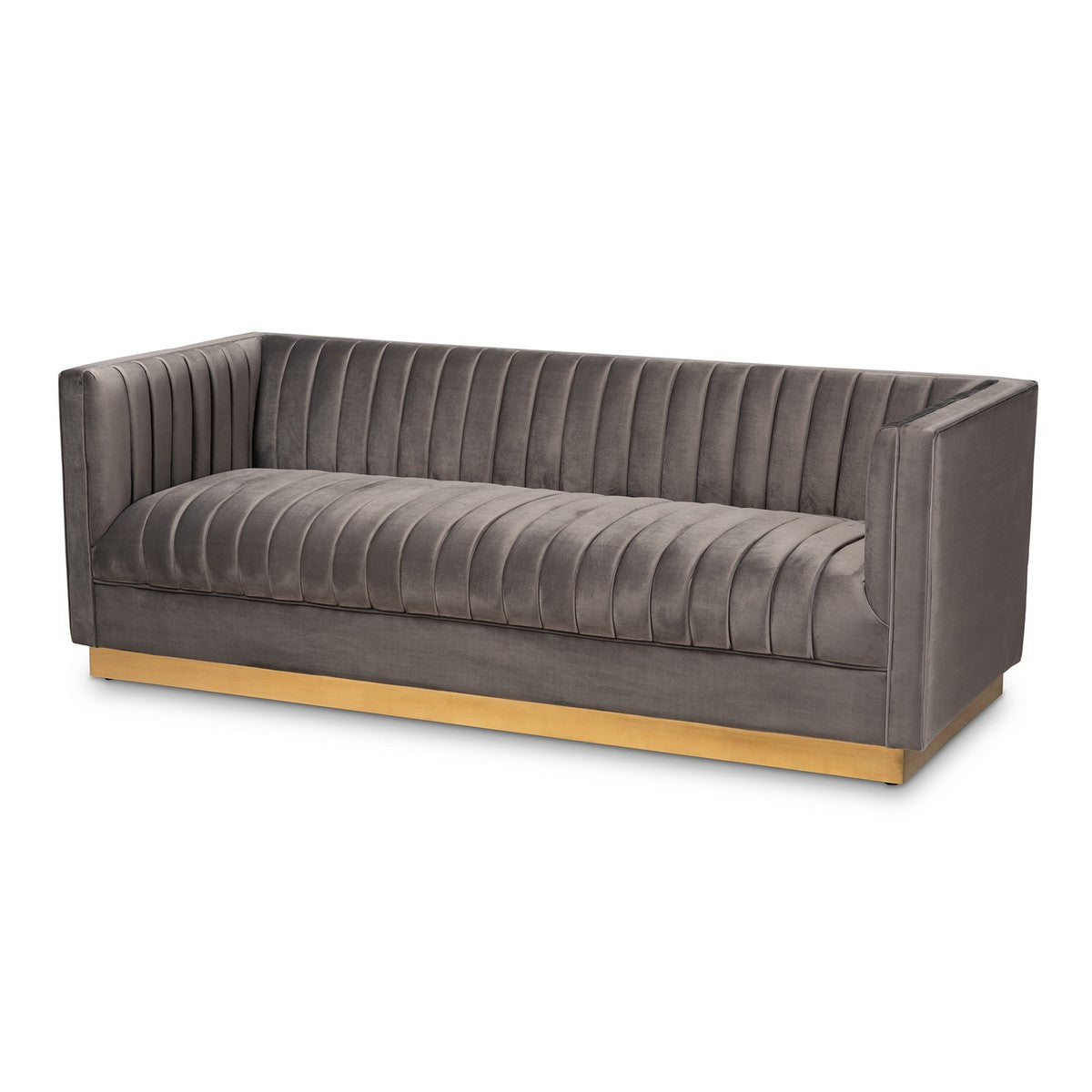 Baxton Studio Aveline Glam and Luxe Grey Velvet Fabric Upholstered Brushed Gold Finished Sofa Baxton Studio- Sofas-Minimal And Modern - 1