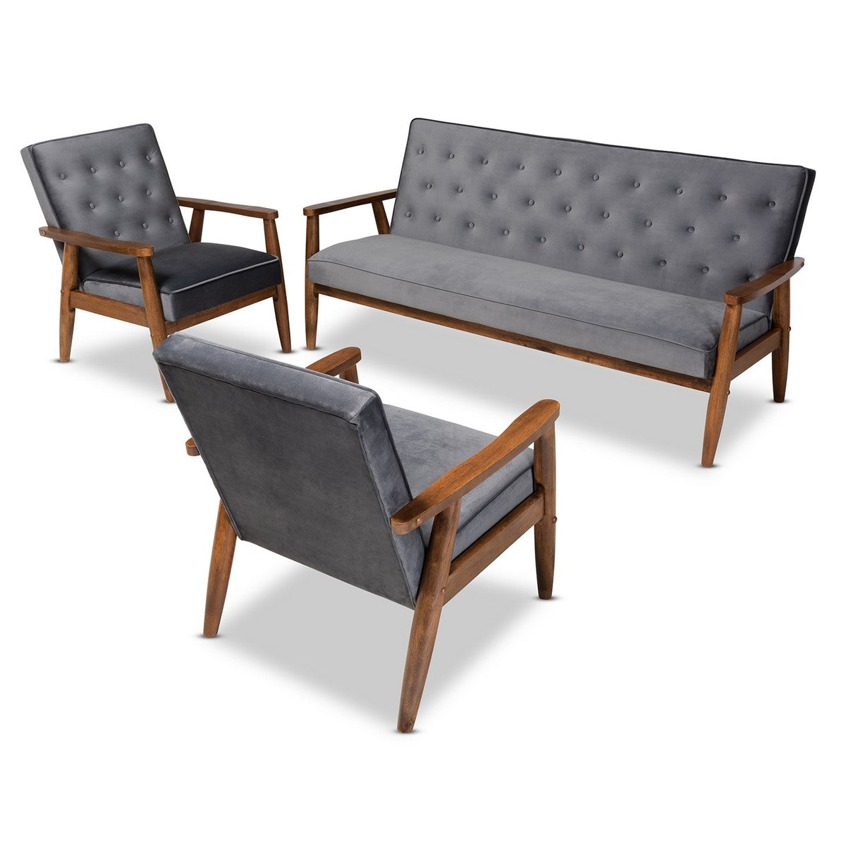 Baxton Studio Sorrento Mid-century Modern Grey Velvet Fabric Upholstered Walnut Finished 3-Piece Wooden Living Room Set Baxton Studio- Living Room Sets-Minimal And Modern - 1