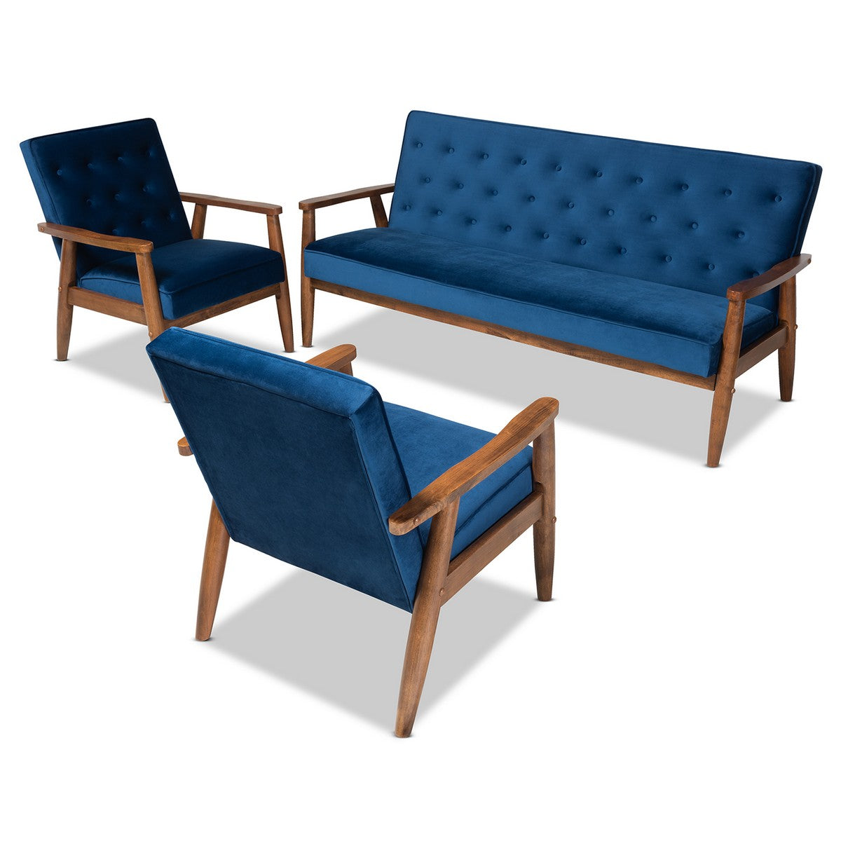 Baxton Studio Sorrento Mid-century Modern Navy Blue Velvet Fabric Upholstered Walnut Finished 3-Piece Wooden Living Room Set Baxton Studio- Living Room Sets-Minimal And Modern - 1