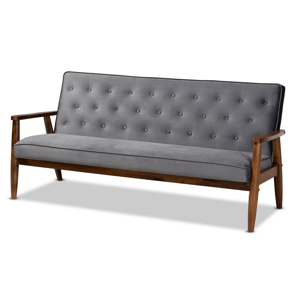 Baxton Studio Sorrento Mid-century Modern Grey Velvet Fabric Upholstered Walnut Finished Wooden 3-seater Sofa Baxton Studio- Sofas-Minimal And Modern - 1