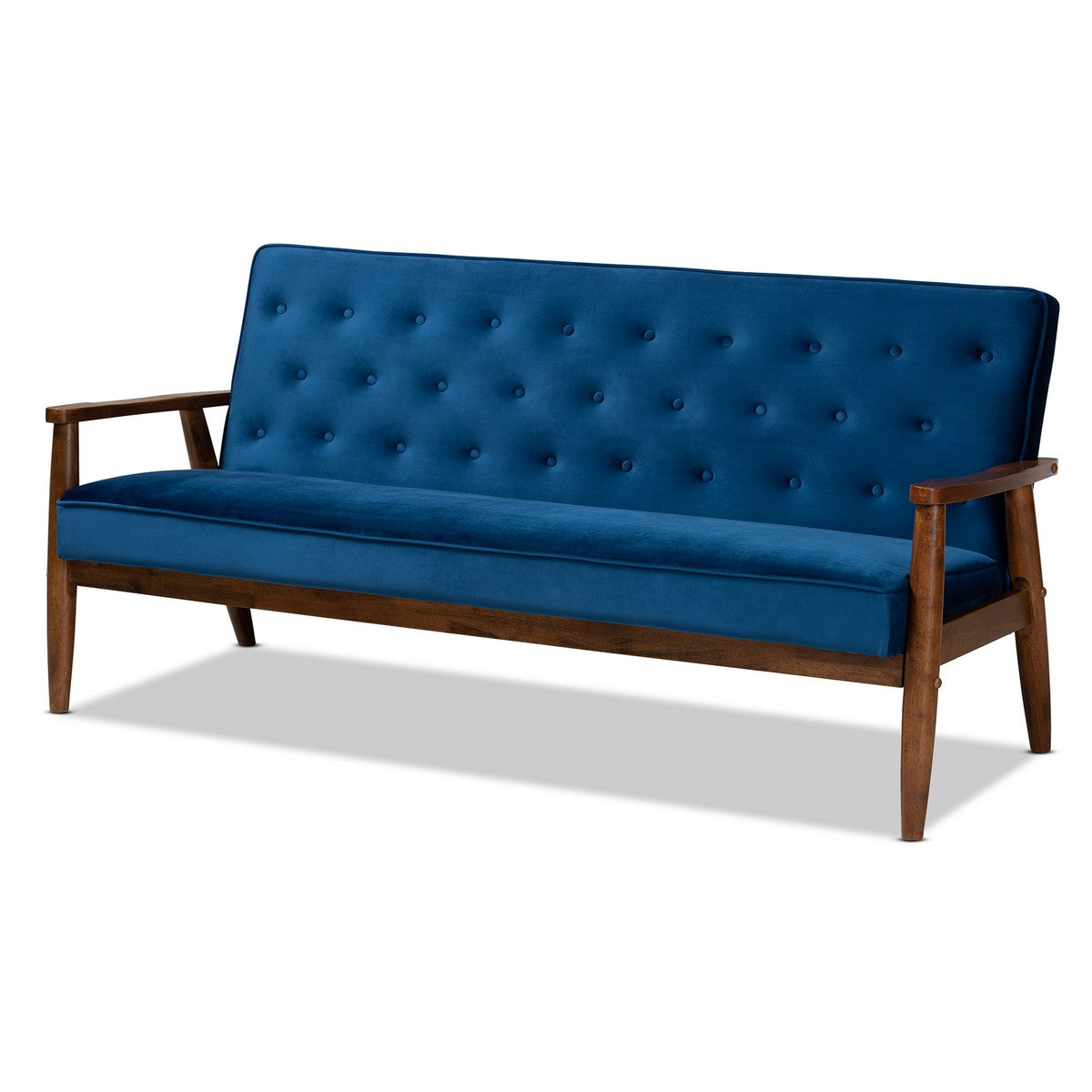 Baxton Studio Sorrento Mid-century Modern Navy Blue Velvet Fabric Upholstered Walnut Finished Wooden 3-seater Sofa Baxton Studio- Sofas-Minimal And Modern - 1