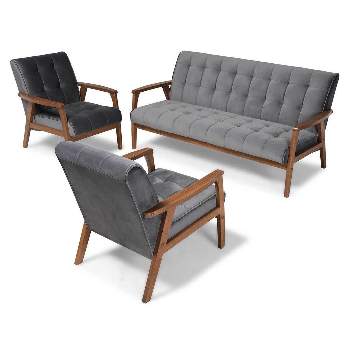 Baxton Studio Asta Mid-Century Modern Grey Velvet Fabric Upholstered Walnut Finished Wood 3-Piece Living Room Set Baxton Studio- Living Room Sets-Minimal And Modern - 1