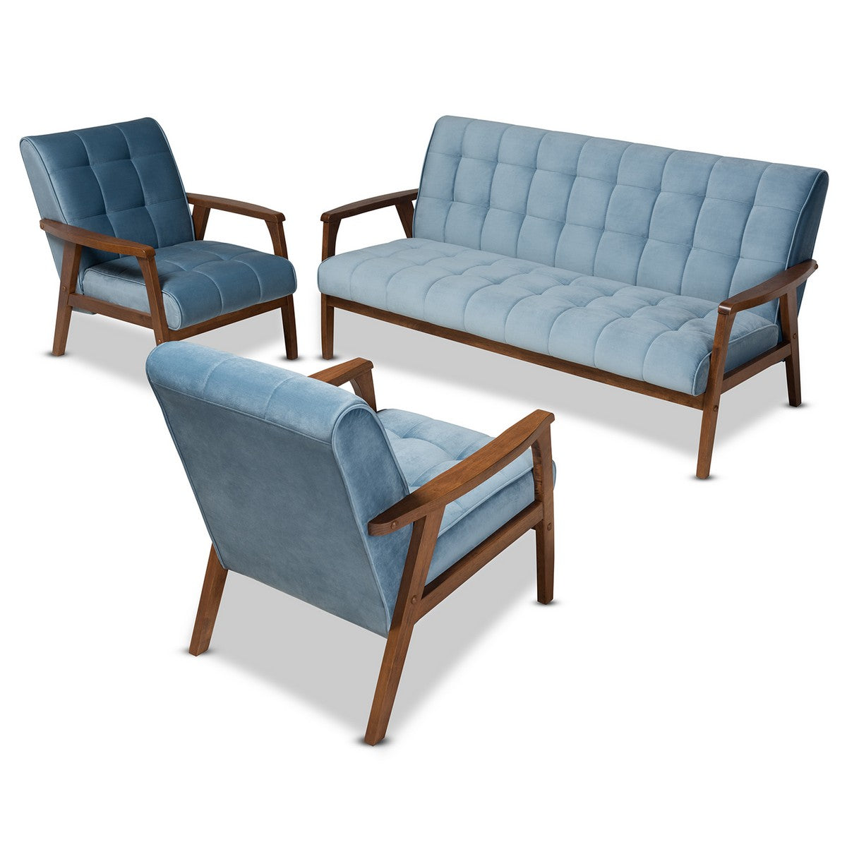 Baxton Studio Asta Mid-Century Modern Light Blue Velvet Fabric Upholstered Walnut Finished Wood 3-Piece Living Room Set Baxton Studio- Living Room Sets-Minimal And Modern - 1