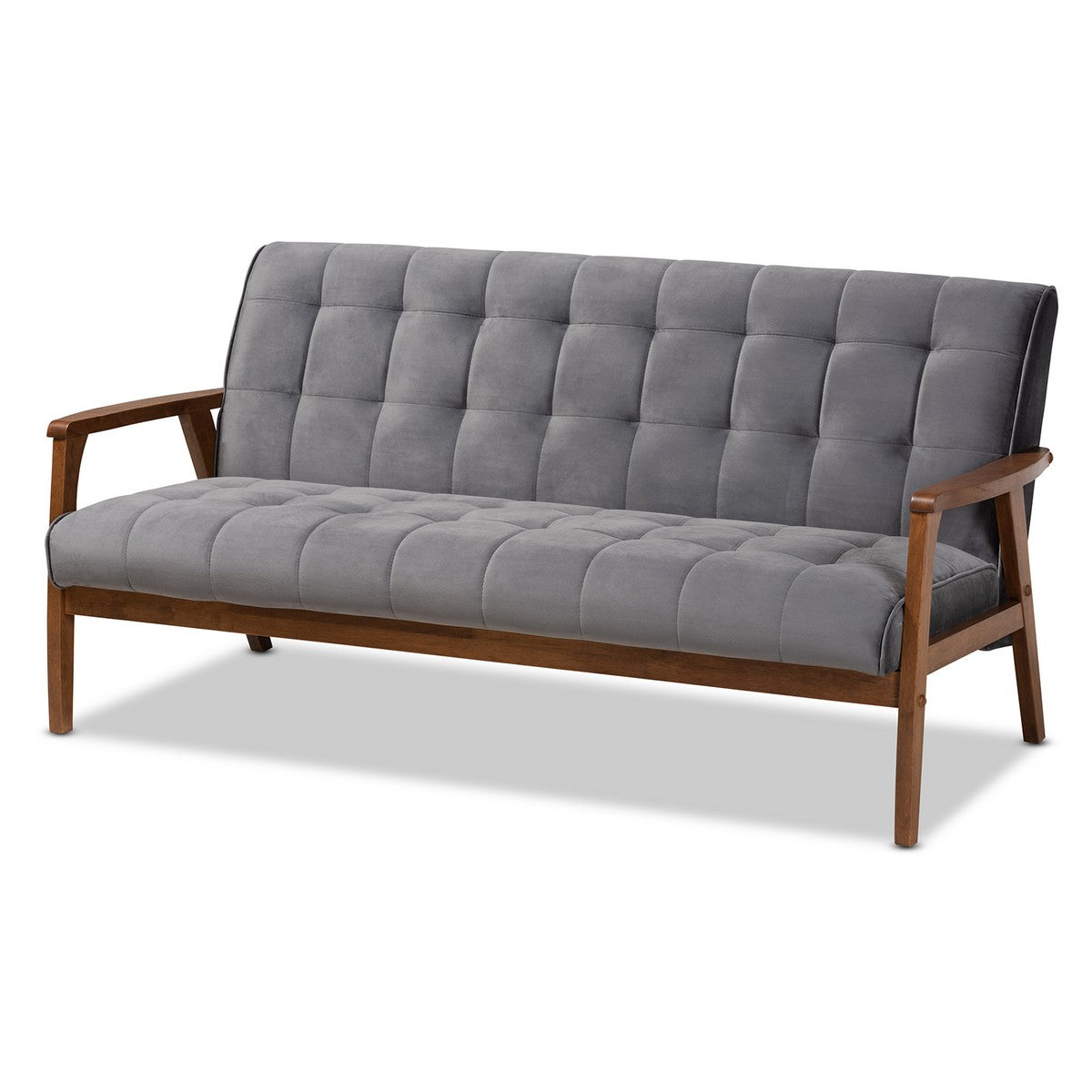 Baxton Studio Asta Mid-Century Modern Grey Velvet Fabric Upholstered Walnut Finished Wood Sofa Baxton Studio- Sofas-Minimal And Modern - 1