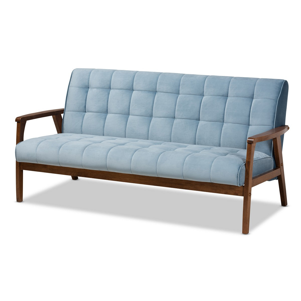 Baxton Studio Asta Mid-Century Modern Light Blue Velvet Fabric Upholstered Walnut Finished Wood Sofa Baxton Studio- Sofas-Minimal And Modern - 1