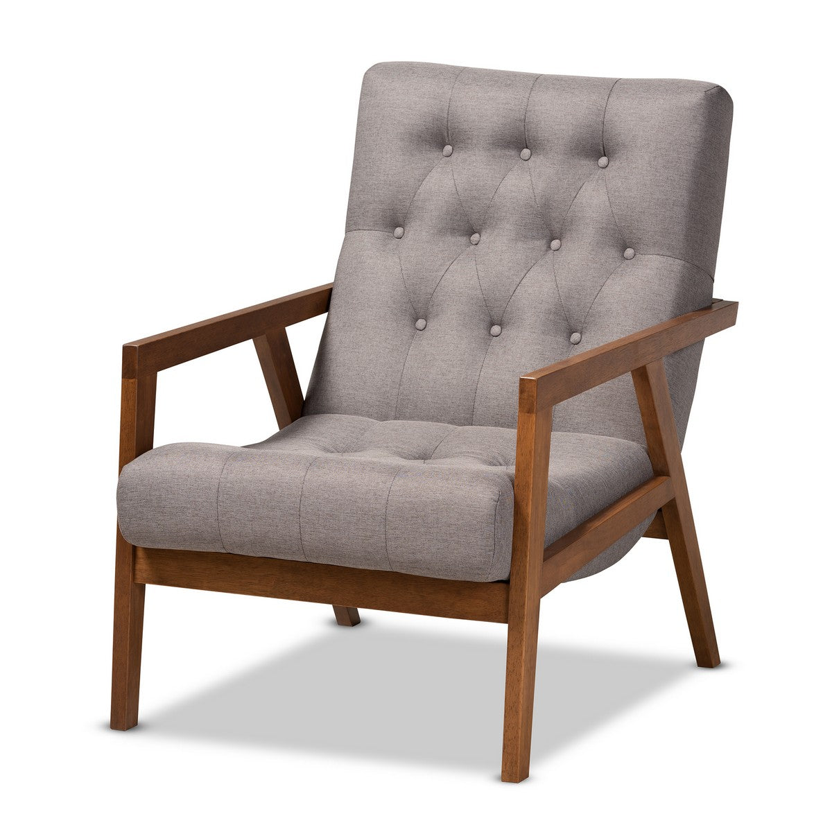 Baxton Studio Naeva Mid-Century Modern Grey Fabric Upholstered Walnut Finished Wood Armchair Baxton Studio- Chairs-Minimal And Modern - 1