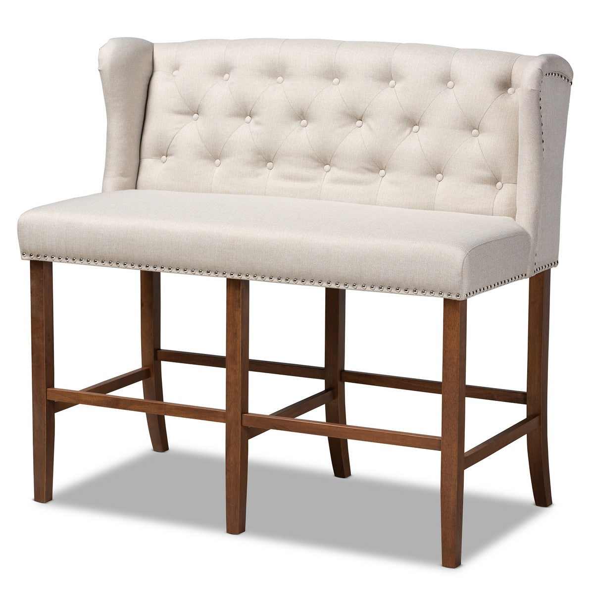 Baxton Studio Alira Modern and Contemporary Beige Fabric Upholstered Walnut Finished Wood Button Tufted Bar Stool Bench Baxton Studio- Bar Stools-Minimal And Modern - 1