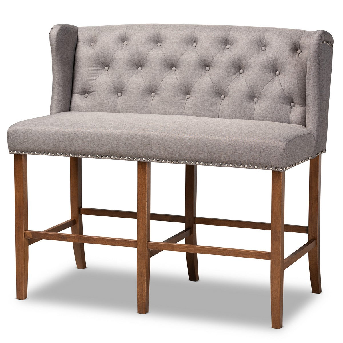 Baxton Studio Alira Modern and Contemporary Grey Fabric Upholstered Walnut Finished Wood Button Tufted Bar Stool Bench Baxton Studio- Bar Stools-Minimal And Modern - 1