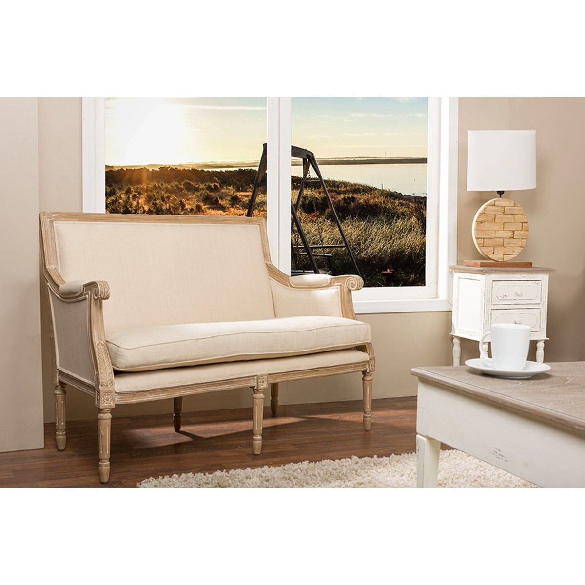 Baxton Studio Chavanon Wood & Light Beige Linen Traditional French Loveseat Baxton Studio-sofas-Minimal And Modern - 5