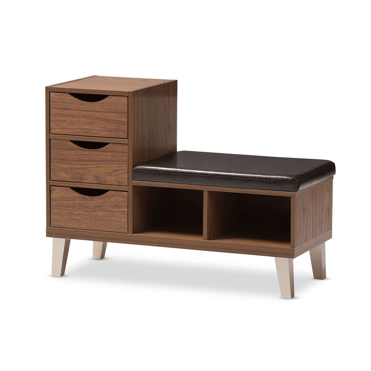 Baxton Studio Arielle Modern and Contemporary Walnut Brown Wood 3-Drawer Shoe Storage Padded Leatherette Seating Bench with Two Open Shelves Baxton Studio-benches-Minimal And Modern - 2