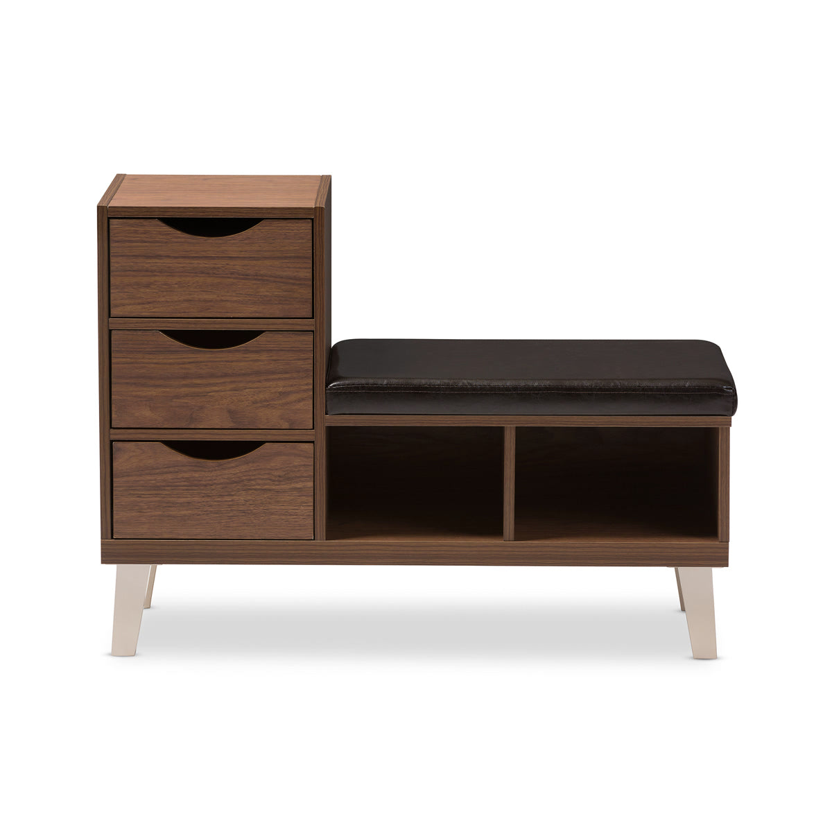 Baxton Studio Arielle Modern and Contemporary Walnut Brown Wood 3-Drawer Shoe Storage Padded Leatherette Seating Bench with Two Open Shelves Baxton Studio-benches-Minimal And Modern - 3