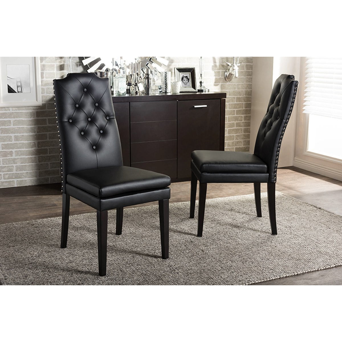 Baxton Studio Dylin Modern and Contemporary Black Faux Leather Button-Tufted Nail heads Trim Dining Chair (Set of 2) Baxton Studio-dining chair-Minimal And Modern - 4