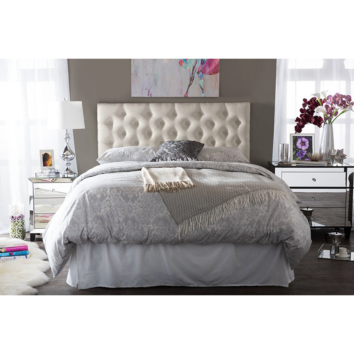 Baxton Studio Viviana Modern and Contemporary Light Beige Fabric Upholstered Button-tufted Queen Size Headboard Baxton Studio-Queen Headboard-Minimal And Modern - 4