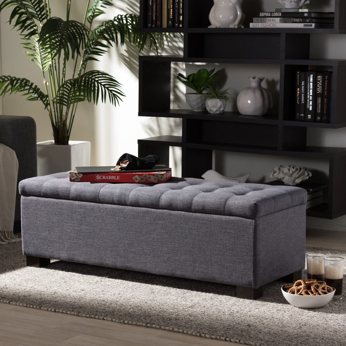 Baxton Studio Roanoke Modern and Contemporary Dark Grey Fabric Upholstered Grid-Tufting Storage Ottoman Bench Baxton Studio-benches-Minimal And Modern - 1