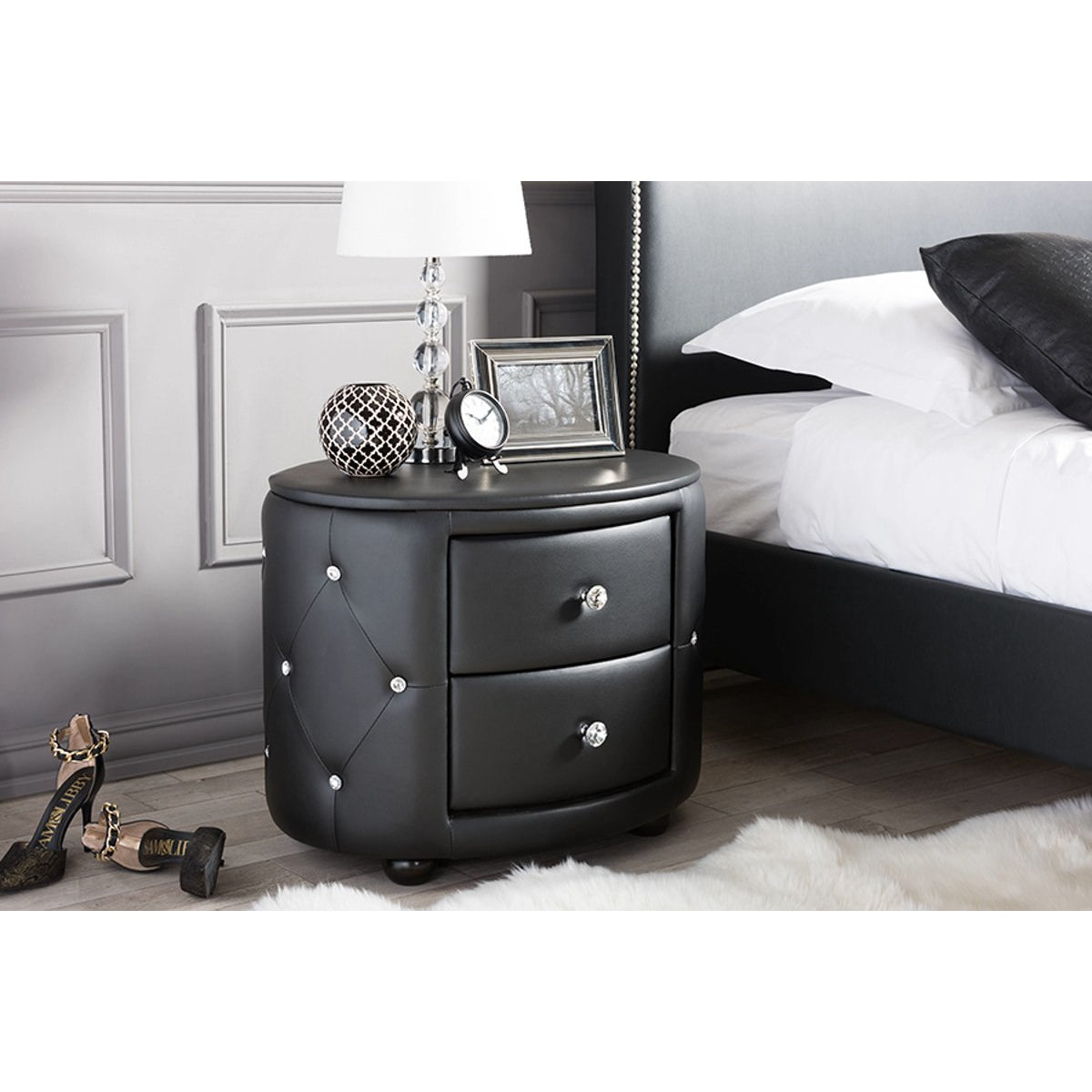 Baxton Studio Davina Hollywood Glamour Style Oval 2-drawer Black Faux Leather Upholstered Nightstand Baxton Studio-nightstands-Minimal And Modern - 6