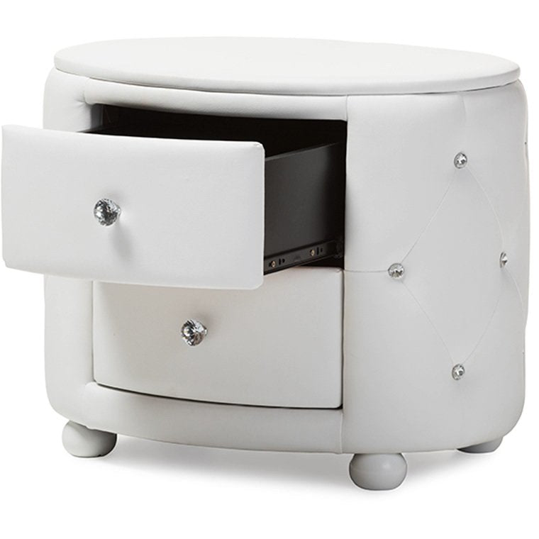 Baxton Studio Davina Hollywood Glamour Style Oval 2-drawer White Faux Leather Upholstered Nightstand Baxton Studio-nightstands-Minimal And Modern - 3