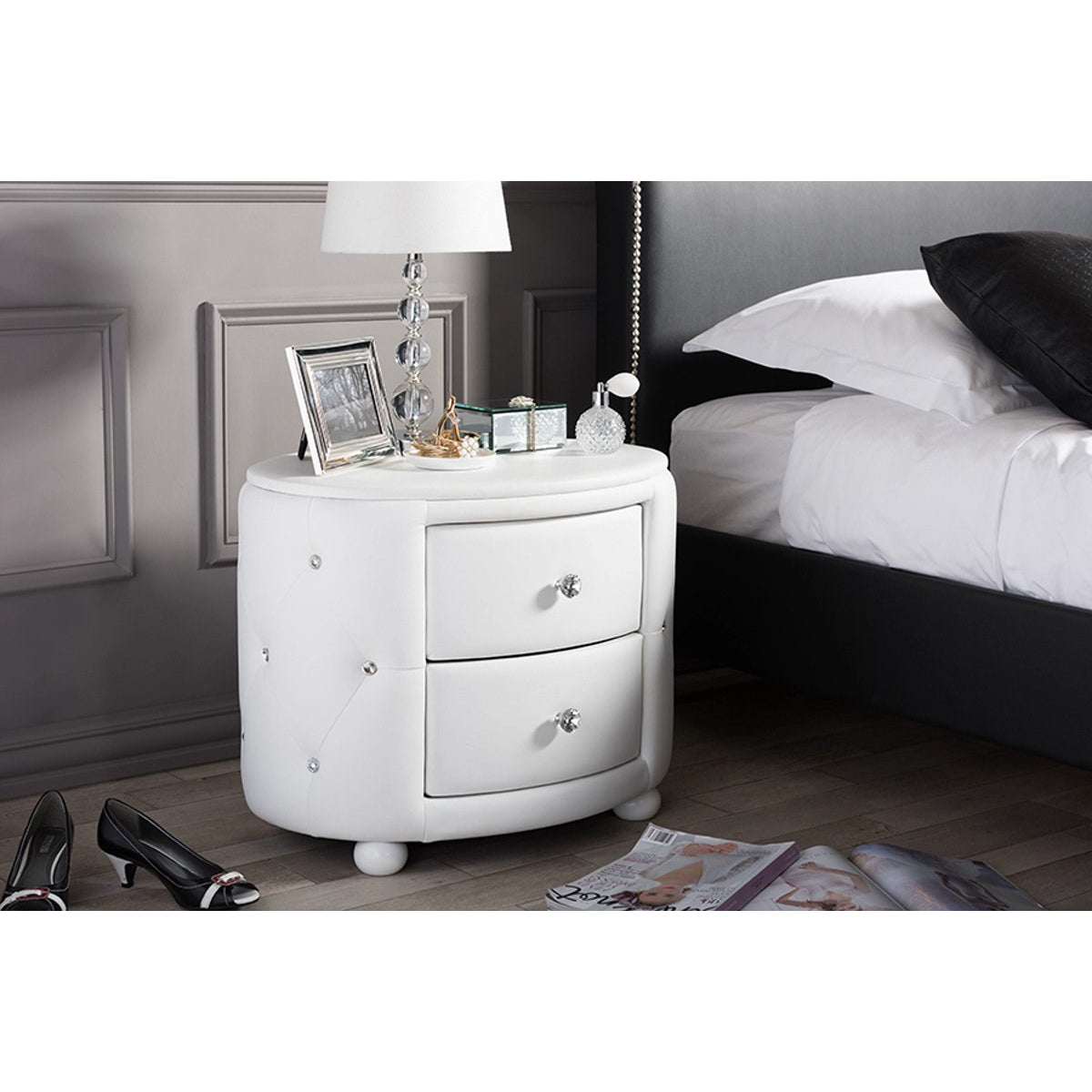 Baxton Studio Davina Hollywood Glamour Style Oval 2-drawer White Faux Leather Upholstered Nightstand Baxton Studio-nightstands-Minimal And Modern - 6