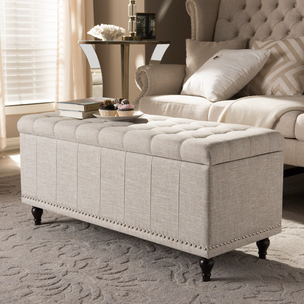 Baxton Studio Kaylee Modern Classic Beige Fabric Upholstered Button-Tufting Storage Ottoman Bench Baxton Studio-benches-Minimal And Modern - 1