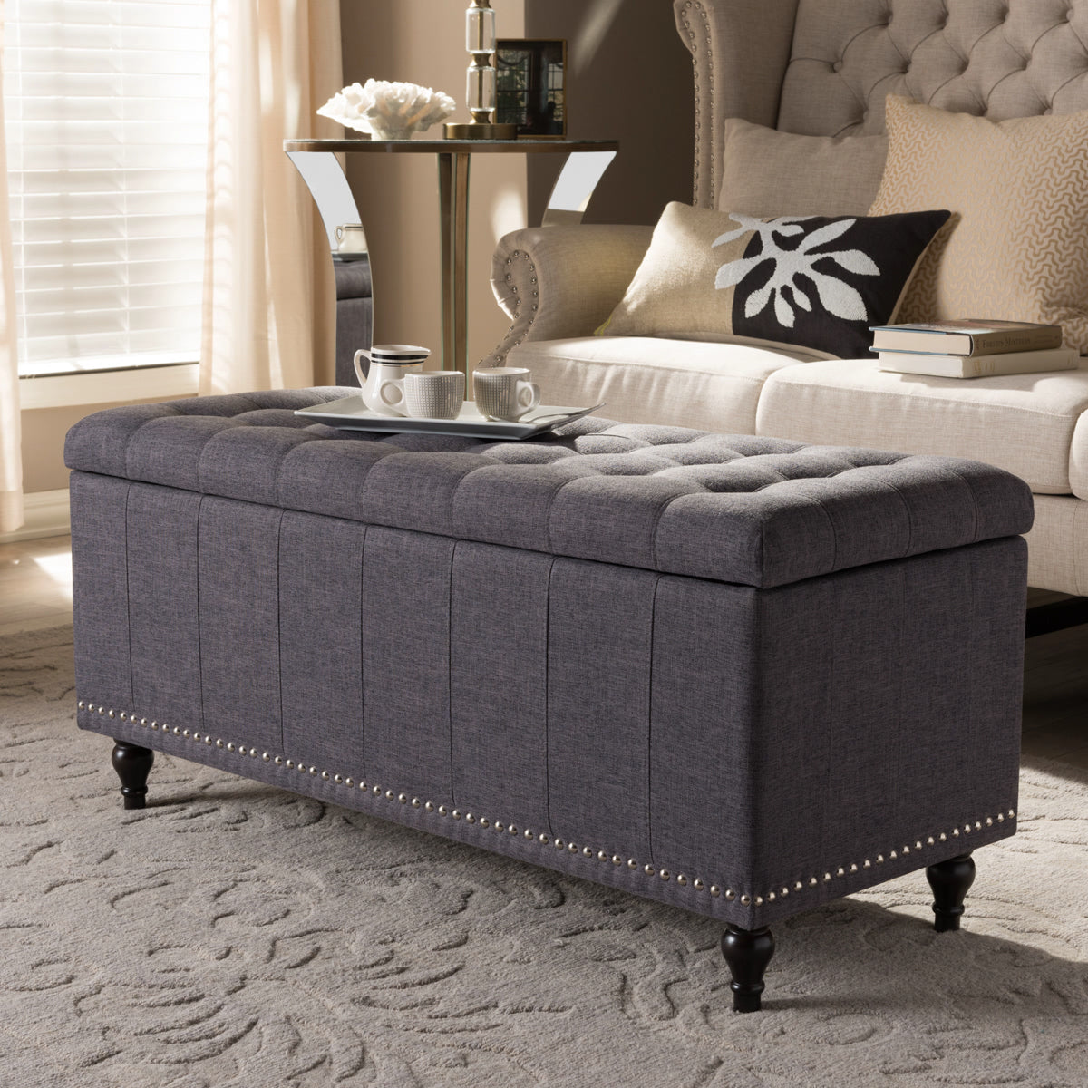 Baxton Studio Kaylee Modern Classic Dark Grey Fabric Upholstered Button-Tufting Storage Ottoman Bench Baxton Studio-benches-Minimal And Modern - 1