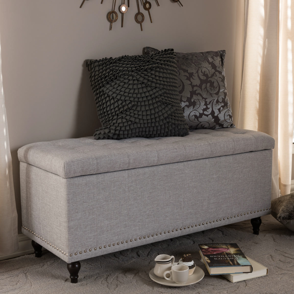 Baxton Studio Kaylee Modern Classic Grayish Beige Fabric Upholstered Button-Tufting Storage Ottoman Bench Baxton Studio-benches-Minimal And Modern - 1