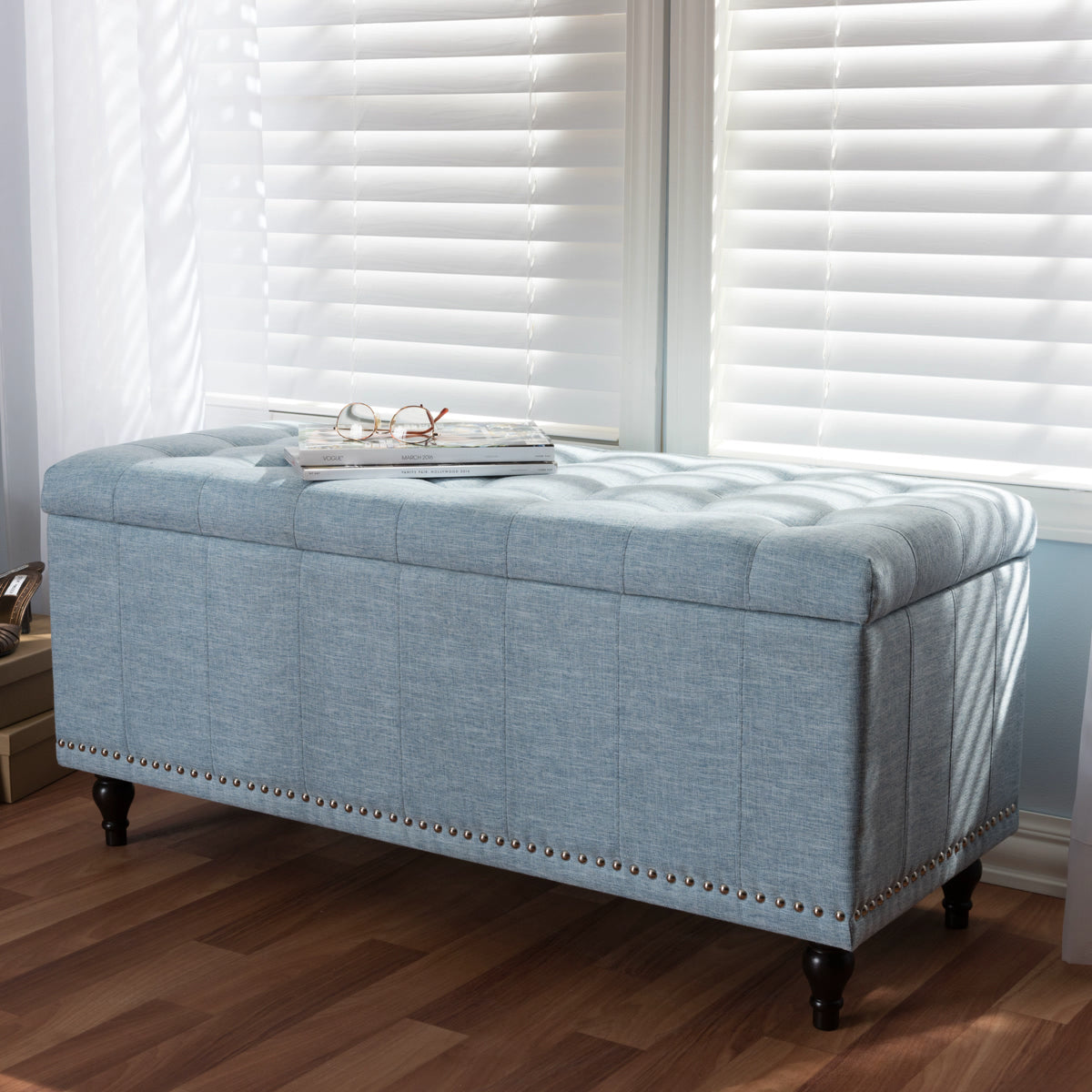 Baxton Studio Kaylee Modern Classic Light Blue Fabric Upholstered Button-Tufting Storage Ottoman Bench Baxton Studio-benches-Minimal And Modern - 1