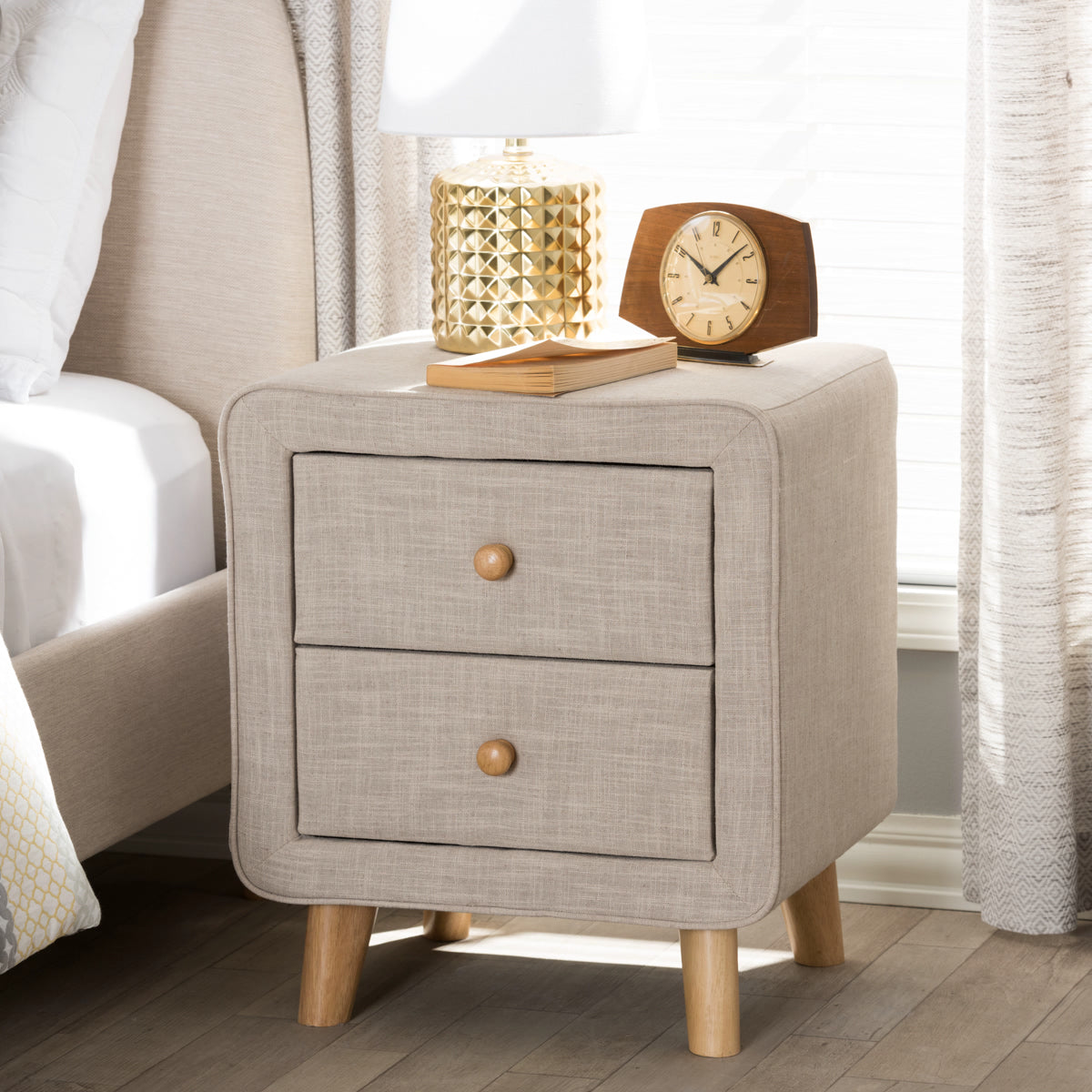 Baxton Studio Jonesy Mid-Century Beige Linen Upholstered 2-Drawer Nightstand Baxton Studio-nightstands-Minimal And Modern - 8