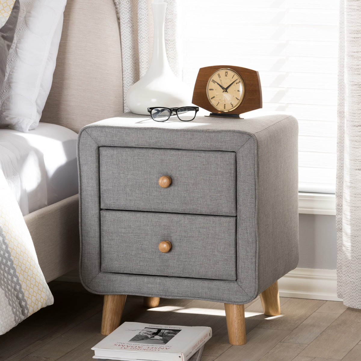 Baxton Studio Jonesy Mid-Century Grey Fabric Upholstered 2-Drawer Nightstand Baxton Studio-nightstands-Minimal And Modern - 8