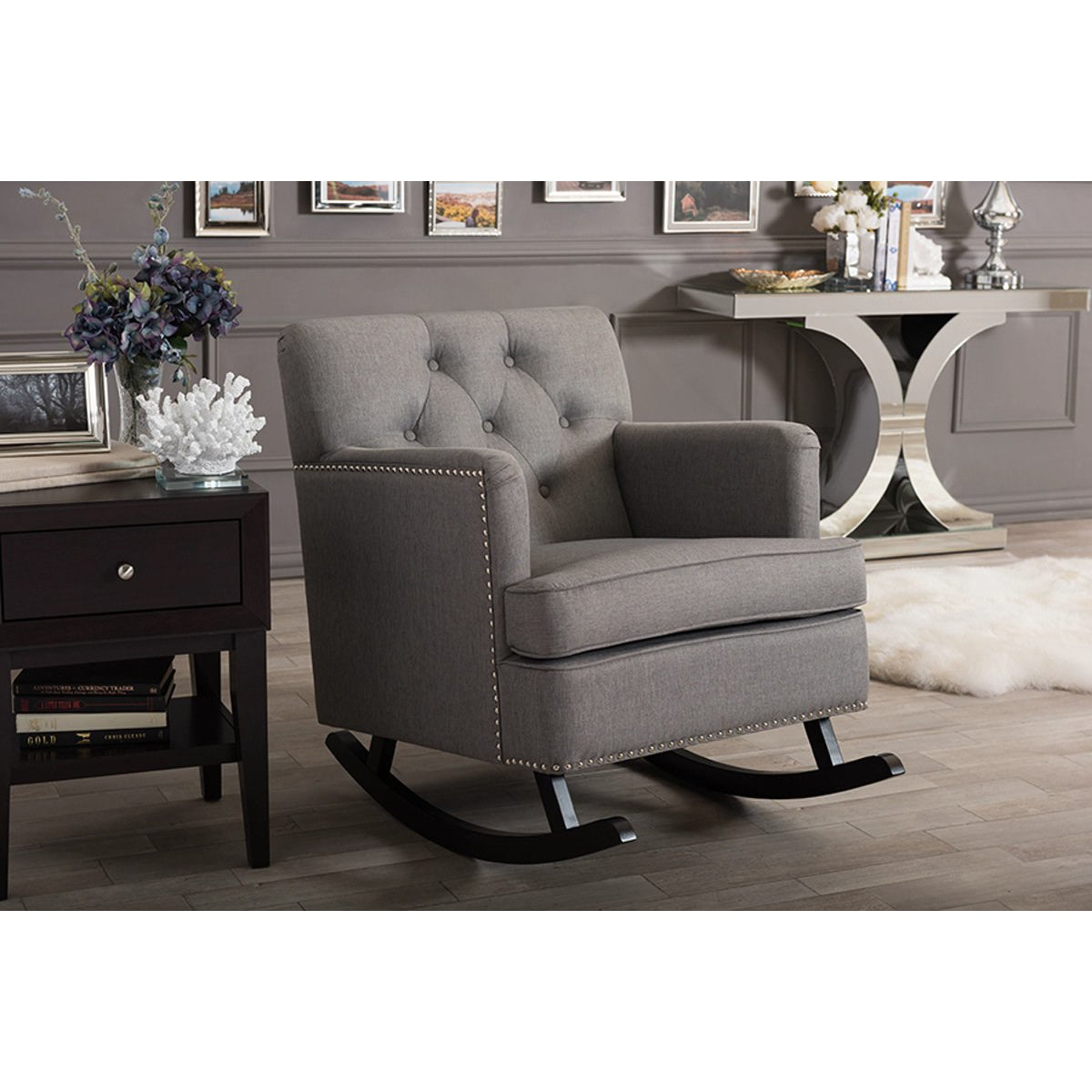 Baxton Studio Bethany Modern and Contemporary Grey Fabric Upholstered Button-tufted Rocking Chair Baxton Studio--Minimal And Modern - 5