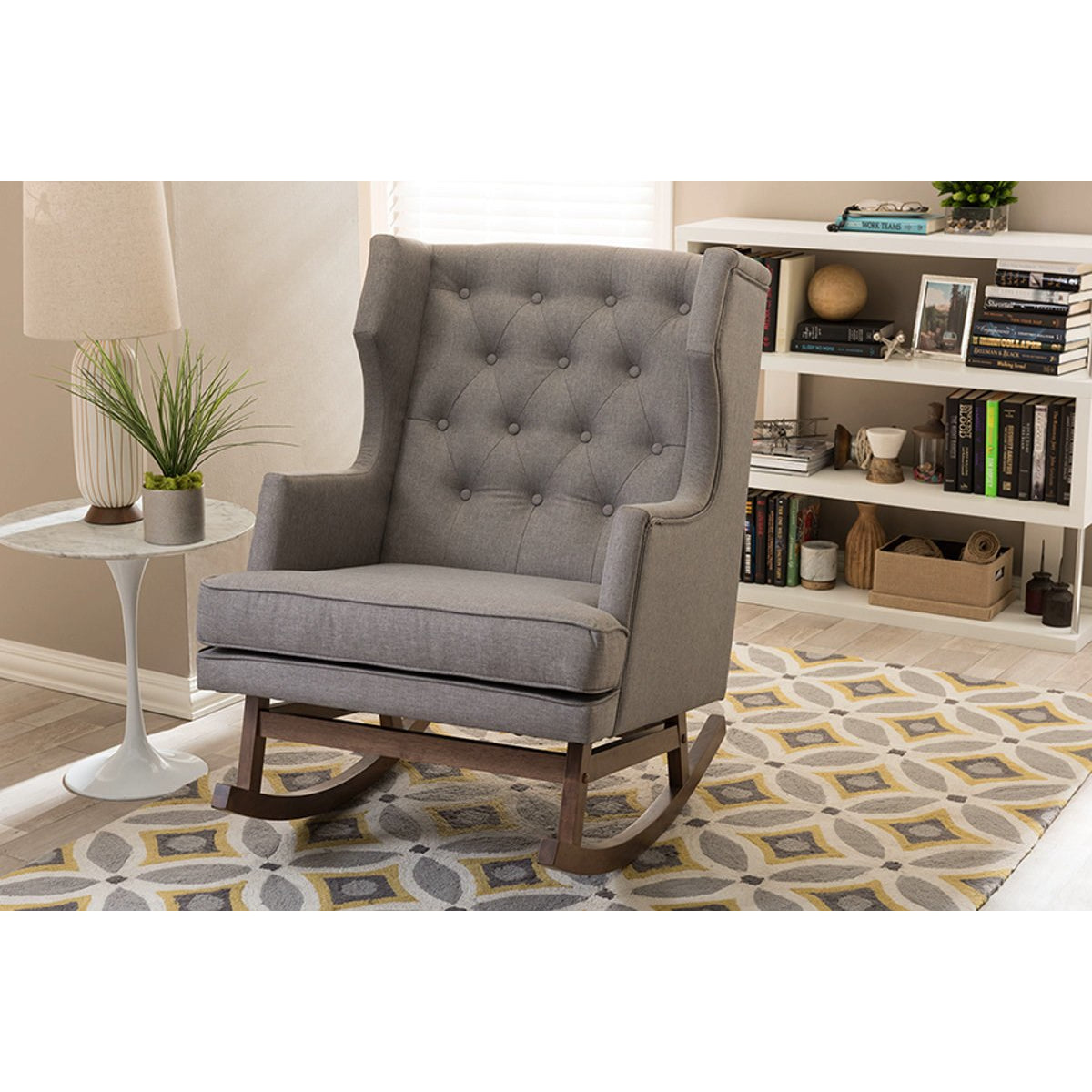 Baxton Studio Iona Mid-century Retro Modern Grey Fabric Upholstered Button-tufted Wingback Rocking Chair Baxton Studio--Minimal And Modern - 5