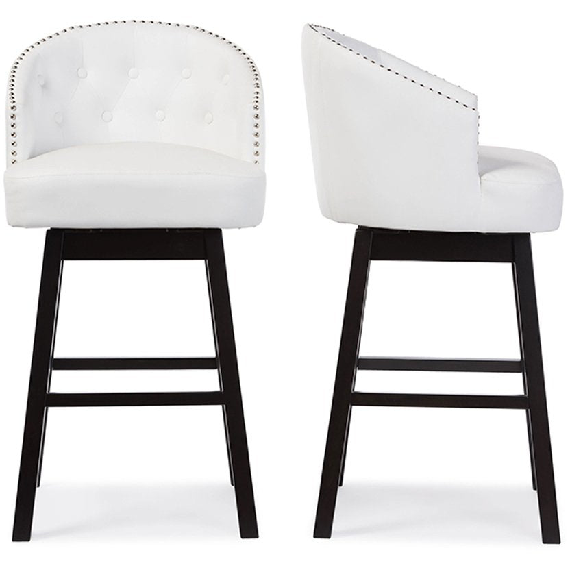 Baxton Studio Avril Modern and Contemporary White Faux Leather Tufted Swivel Barstool with Nail heads Trim (Set of 2) Baxton Studio-Bar Stools-Minimal And Modern - 1