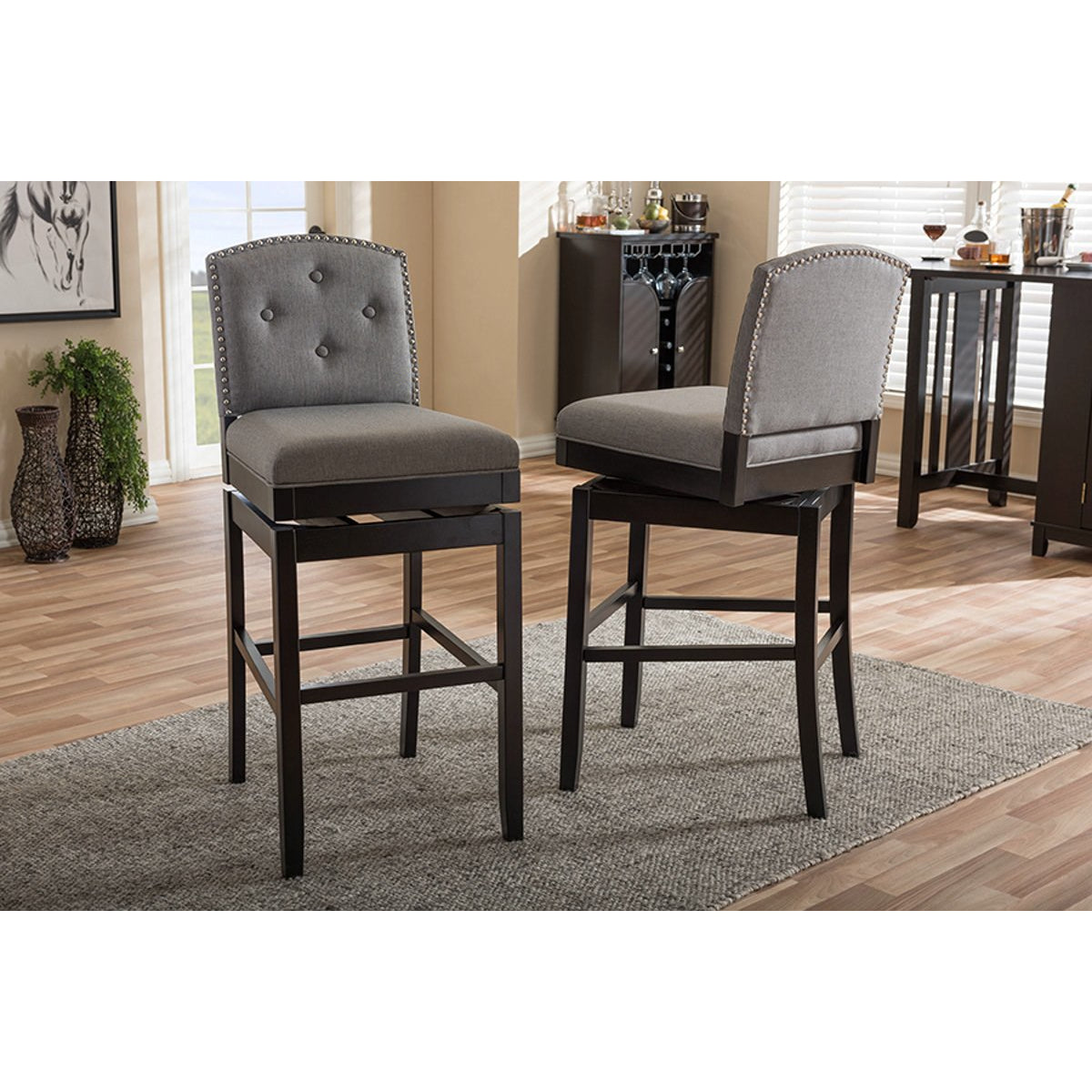 Baxton Studio Ginaro Modern and Contemporary Grey Fabric Button-tufted Upholstered Swivel Bar Stool (Set of 2) Baxton Studio-Bar Stools-Minimal And Modern - 5