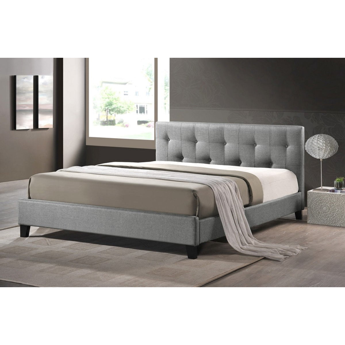 Baxton Studio Annette Light Beige Linen Modern Bed with Upholstered He