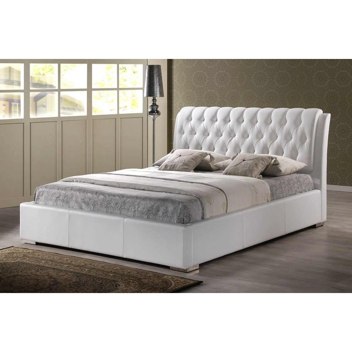 Baxton Studio Stella Crystal Tufted White Modern Bed with Upholstered