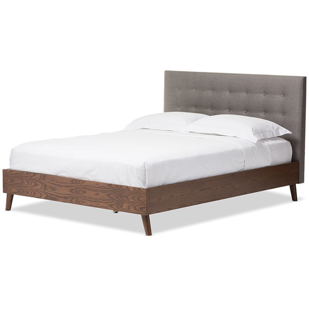 Baxton Studio Alinia Mid-century Retro Modern Grey Fabric Upholstered Walnut Wood Queen Size Platform Bed Baxton Studio-Queen Bed-Minimal And Modern - 1