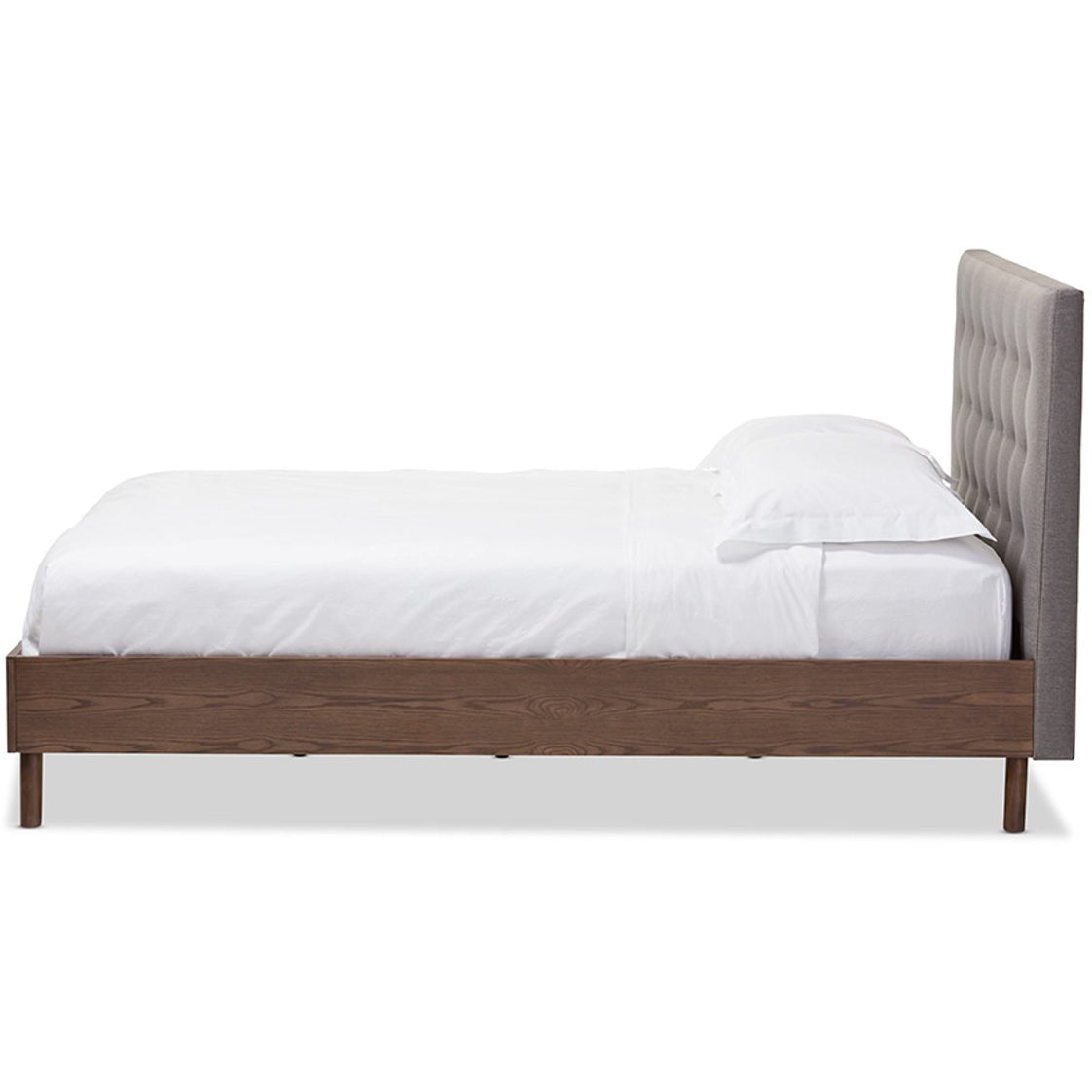 Baxton Studio Alinia Mid-century Retro Modern Grey Fabric Upholstered Walnut Wood Queen Size Platform Bed Baxton Studio-Queen Bed-Minimal And Modern - 4