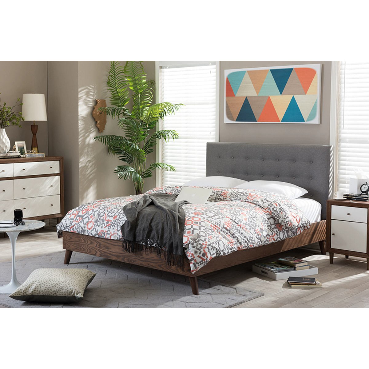 Baxton Studio Alinia Mid-century Retro Modern Grey Fabric Upholstered Walnut Wood Queen Size Platform Bed Baxton Studio-Queen Bed-Minimal And Modern - 5