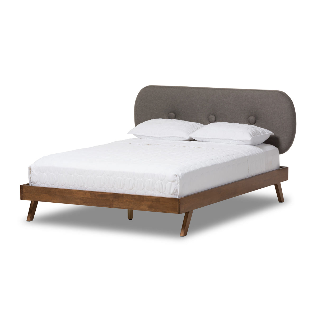 Baxton Studio Penelope Mid-Century Modern Solid Walnut Wood Grey Fabric Upholstered King Size Platform Bed Baxton Studio-King Bed-Minimal And Modern - 2