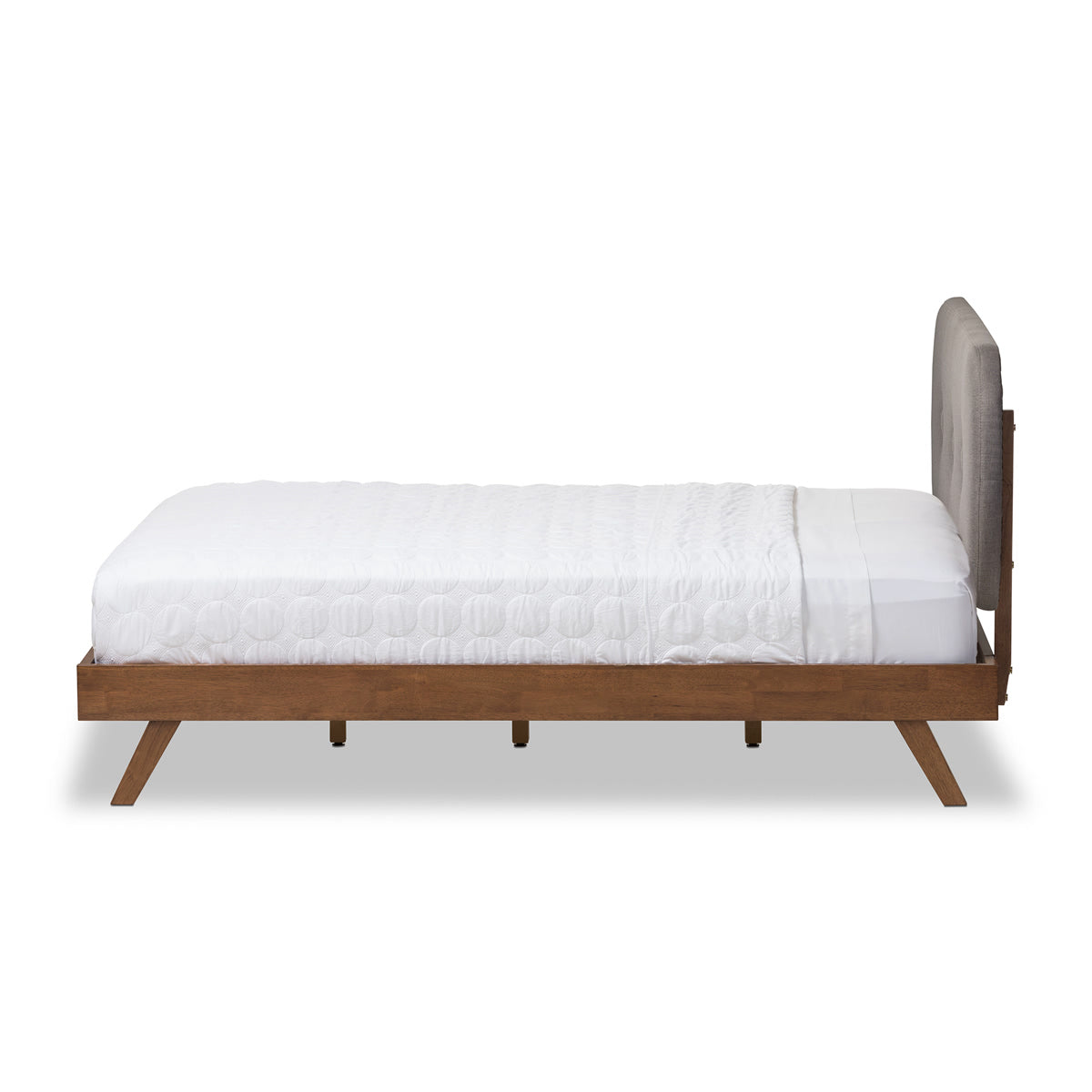 Baxton Studio Penelope Mid-Century Modern Solid Walnut Wood Grey Fabric Upholstered King Size Platform Bed Baxton Studio-King Bed-Minimal And Modern - 5