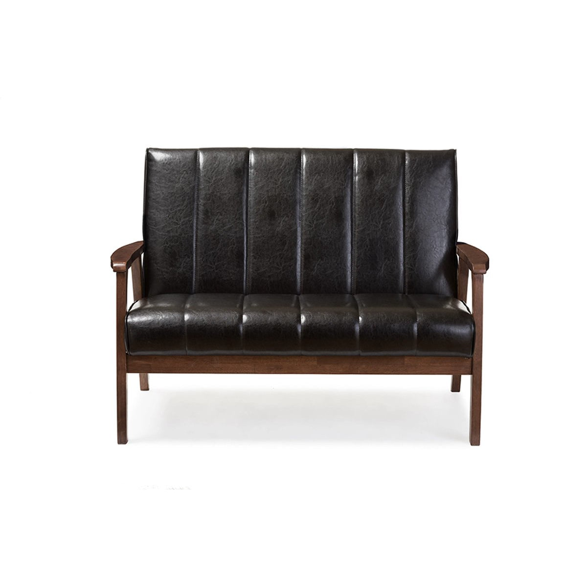 Baxton Studio Nikko Mid-century Modern Scandinavian Style Black Faux Leather Wooden 2-Seater Loveseat Baxton Studio-sofas-Minimal And Modern - 1