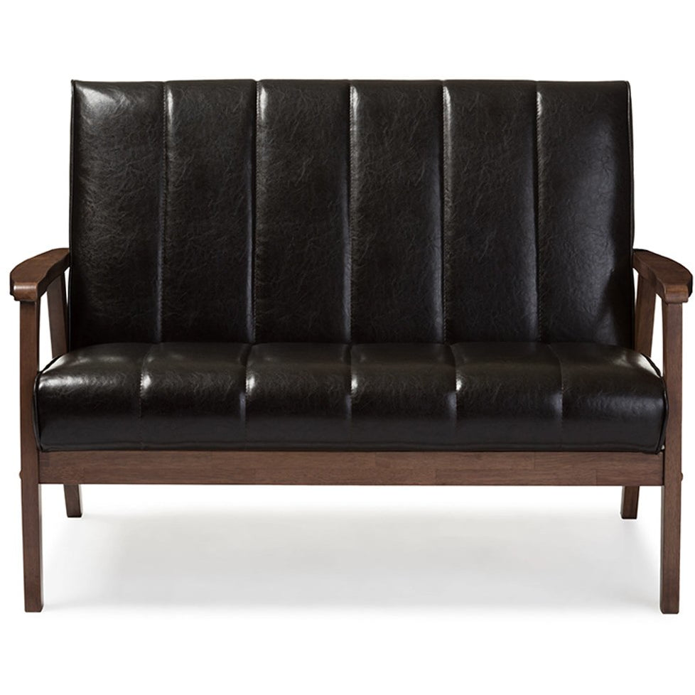 Baxton Studio Nikko Mid-century Modern Scandinavian Style Dark Brown Faux Leather Wooden 2-Seater Loveseat Baxton Studio-sofas-Minimal And Modern - 1