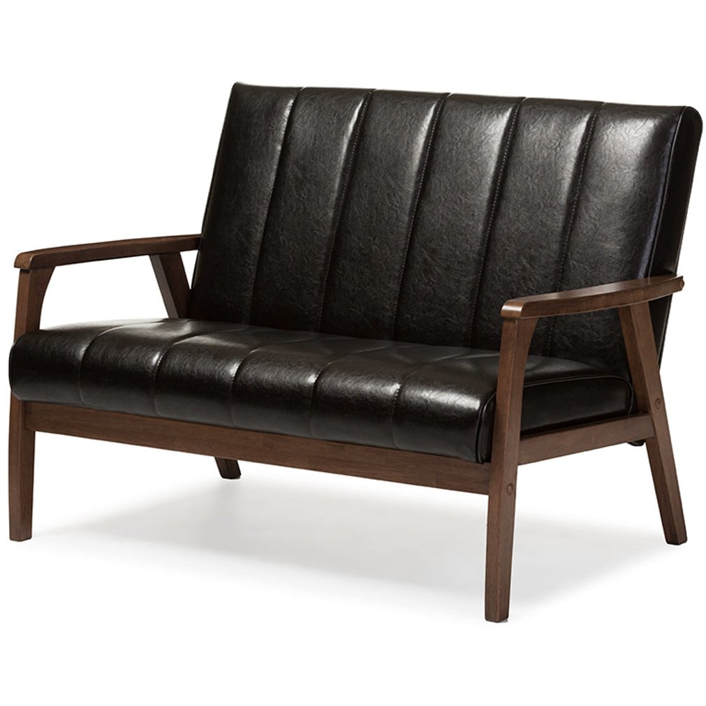 Baxton Studio Nikko Mid-century Modern Scandinavian Style Dark Brown Faux Leather Wooden 2-Seater Loveseat Baxton Studio-sofas-Minimal And Modern - 2